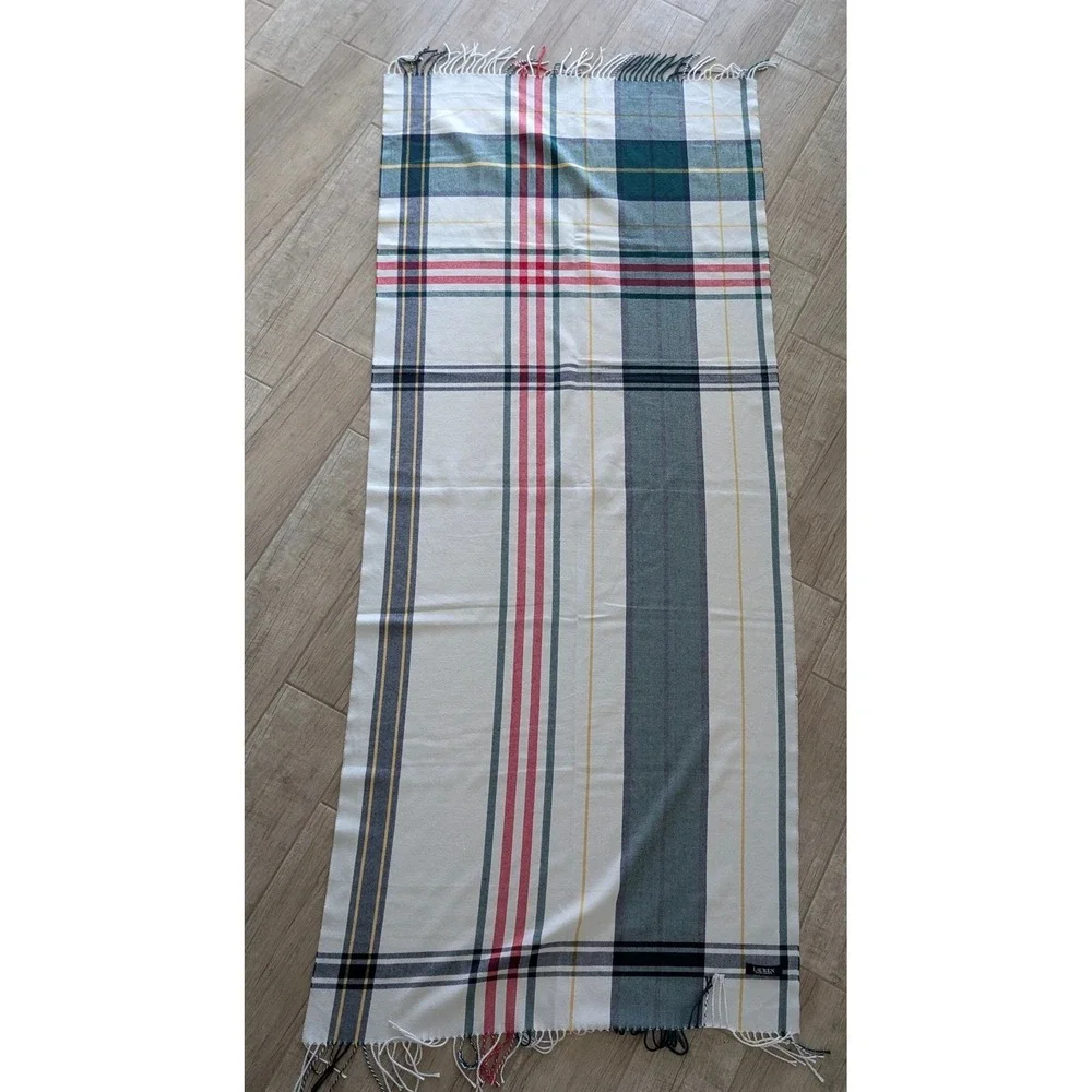 Ralph Lauren Plaid Scarf Cream Navy Green Red Yellow Fringe 72
